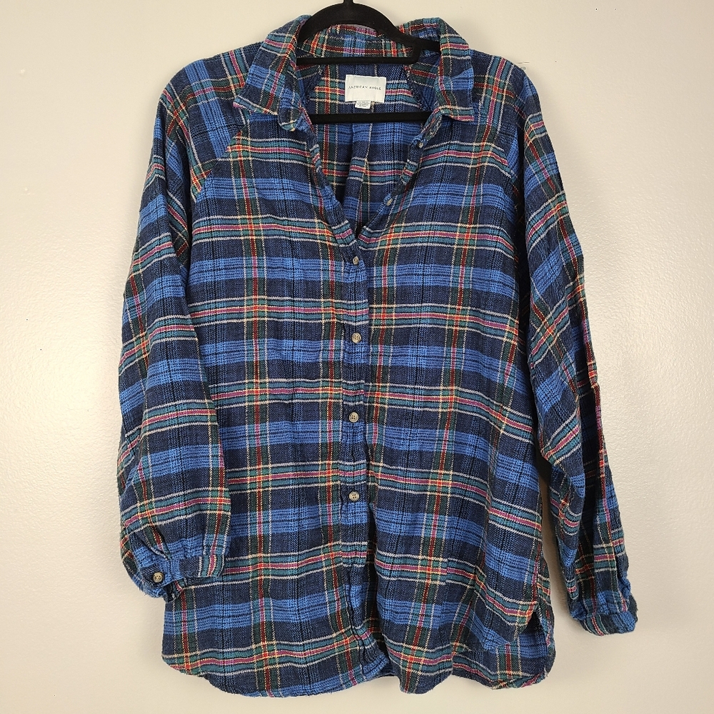 American Eagle Blue Oversized Plaid Flannel Button-up Balloon Sleeve Cotton Top